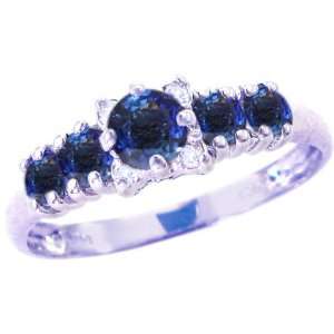 14K White Gold Five Stone Gem and Diamond Ring Blue Sapphire, size7.5