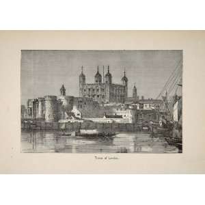  1883 Tower of London Thames River Boats Halftone Print 