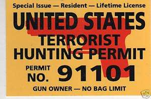 UNITED STATES TERRORIST HUNTING PERMIT BUMPER STICKER  
