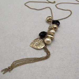  Boho gold plated heart charms long tassel necklace vintage 