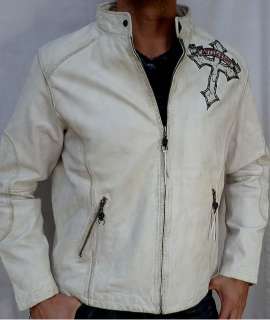 Affliction LIVE FAST Mens Biker Leather Jacket   NEW   A885 White 