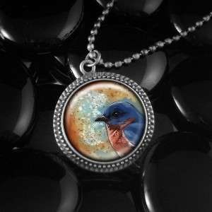 Blue Song Bird Nature Round Antique Silver Pendant Necklace 502 RFS 
