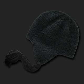 Solid Black Peruvian Beanie Cap Hat Winter Braided Ear Flap Chullo 