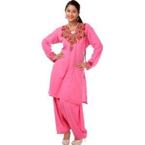Pink Kashmiri Two Piece Salwar Kameez Suit with Ari Embroidery by Hand 