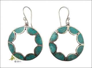 Turquoise Circle with Holel White Metal Earrings 039  