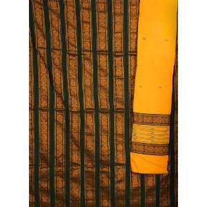 Green and Amber Bomkai Salwar Suit Fabric from Orissa with 