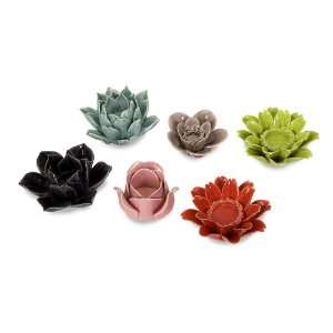   Assorted Colors Ceramic Flower Candleholder   Set of 6