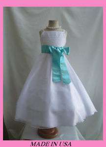 NEW WHITE AQUA/POOL BLUE WEDDING FLOWER GIRL DRESSES  