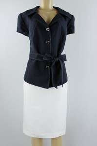 Tahari women suit set Wallace short sleeve jacket skirt set blue white 
