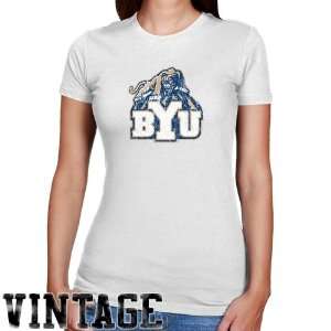 Brigham Young University T Shirt  BYU Cougars Ladies White Distressed 