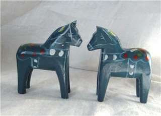 Vtg Hand Carved Painted Sweden 2 Swedish Dala Horses Pair Blue 3 