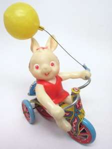 Wind Up Tin vintage Toy Suzuki Japan Bunny Rabbit Rides Bike VIDEO 