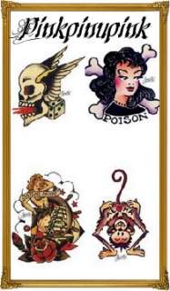Tattoo Stickers Set of 4  POISON, ALOHA, NAUTICAL MAIDEN , SKULL DICE