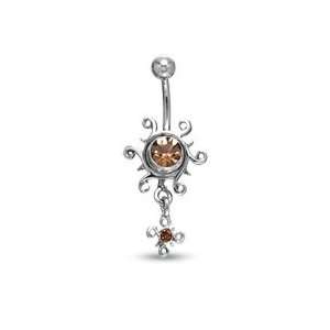  014 Gauge Celtic Sun Belly Button Ring with Brown Crystals 