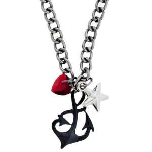  Black Anchor, Red Gem Heart and Steel Star Necklace   16 