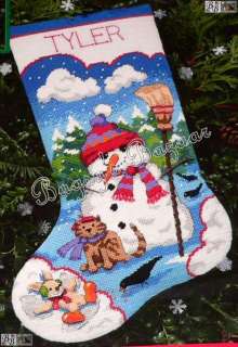 Dimensions SNOWMAN & FRIENDS STOCKING Cat & Bunny Needlepoint 