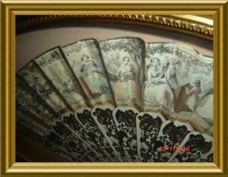 ANTIQUE LARGE Matching Pair of Framed Lady Fan STUNNING  