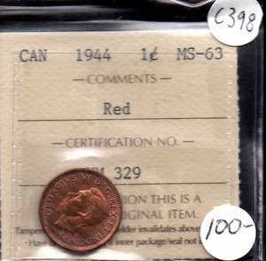 1944 Canada Penny ICCS Graded MS 63 Red C398  