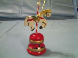 WOOD WOODEN CAROUSEL HORSE ON RED BELL CHRISTMAS ORNAMENT MADE IN 