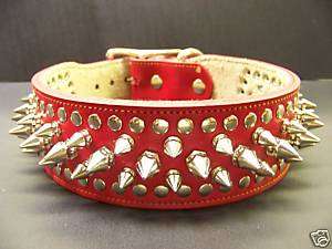 Wide RED Spiked Leather 21 Collar Pitbull Studded  