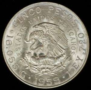 1859 1959 Mexico 5 Peso Silver .720 Carranza Crown Brilliant 