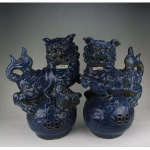  Pair of snow flake blue Glaze Porcelain Foo Dogs, Ming 