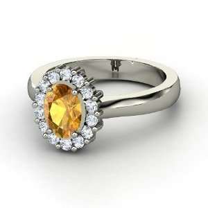 Princess Kate Ring, Oval Citrine 14K White Gold Ring with Diamond