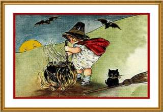 Victorian Halloween #6 Witch Cat Bats Counted Cross Stitch Chart 