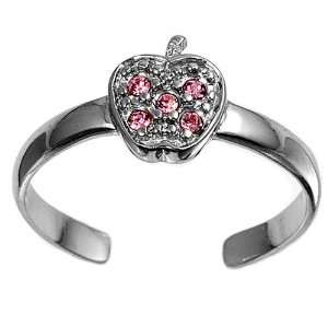 Sterling Silver Fashion Toe Ring   Apple with Pink CZ   2mm Band Width