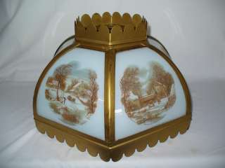 BEAUTIFUL VINTAGE 6 GLASS PANEL CEILING LIGHT WITH CURRIER & IVES 