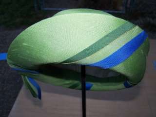 Vintage Hat Lime Green Hats Blue Ribbon Silk Accessories Womens Hats 