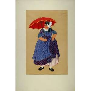  1929 Pochoir Old Woman Dress Umbrella Macon Burgundy 
