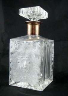   Antique Glass Crystal Decanter Frosted Face Pattern Square Silver Neck