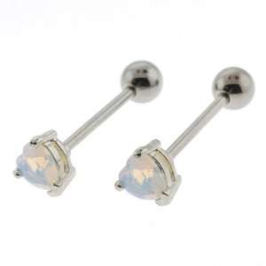  Tongue Barbell with Heart Shaped Opalite, 3 Prong Set, 8mm 