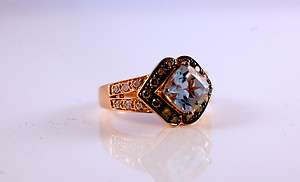   Aquamarine with Chocolate Diamonds RING 14 KT Solid Rose Gold NEW