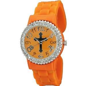  Orange Round Shape Silicone Bangle Watch with Simple Cross 