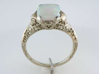   Antique Art Deco 1ct Opal 14K White Gold Filigree Engagement Ring