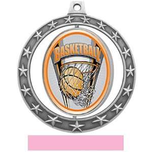   SILVER MEDAL / PINK RIBBON 2.75 SPINNER PROSPORT MEDAL   BASKETBALL