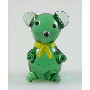  Teddy Bear Glass Miniature Figurine, Light Green w/ Yellow Bow 