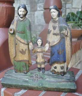 Antique Wooden Carved Mexican Santo Sagrada Familia  