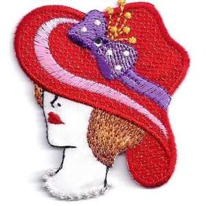 Red Hat Lady w/Sparkly Hat & Silver Necklace/Iron On Embroidered 