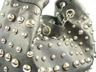 Womens Black Stud Drawstring Bucket Bag Crossbody Leather Style 