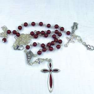  Deep Red pearl and clear ab crystal 6mm rosary necklace 