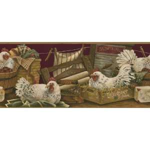 Roosters & Laundry Burgundy Wallpaper Border by 4Walls 