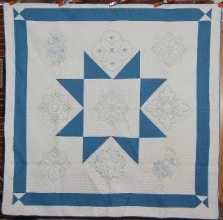 30s Blue & White Ohio Star Antique Quilt ~NICE QUILTING  