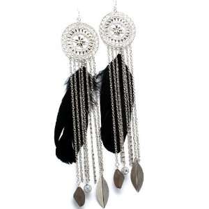  Rockabilly Black Feather and Chains Filigree Earrings 