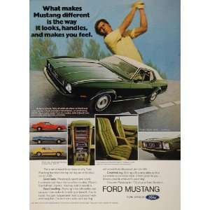 1973 Ad Green Ford Mustang Muscle Car Grande Golfer   Original Print 