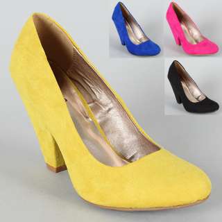 Womens Shoes High Chunky Heels Suede Pumps Black Yellow Fuchsia Blue 