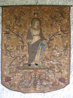 Antique Hand Made Religious Virgin Silk Tapestry 18th C  