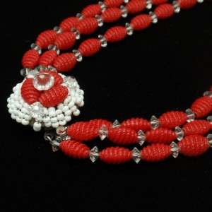 Hobe Set Red & White 3 Strand Necklace Earrings Vintage  